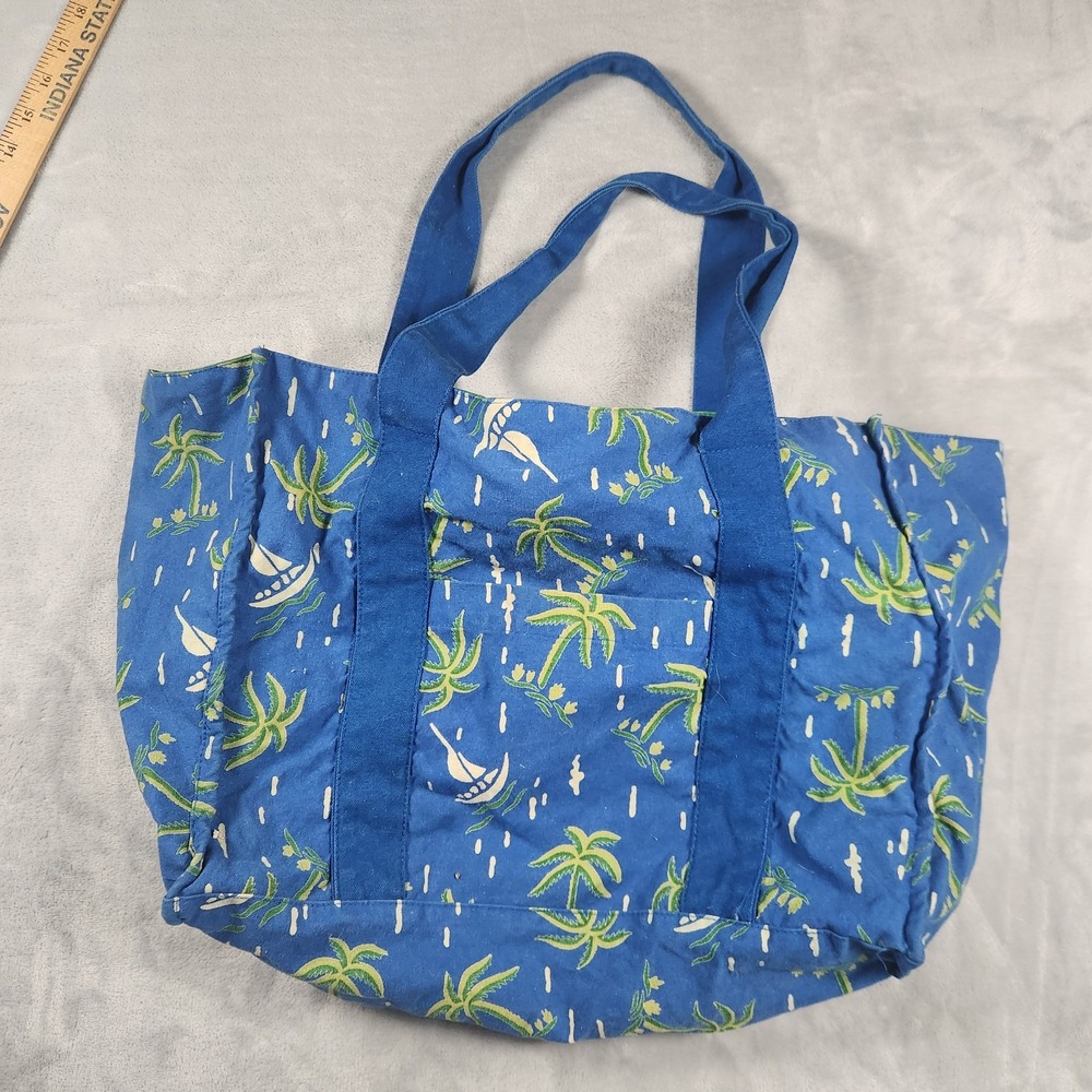 Graham Kandiah Blue Palm Leaf Cotton Tote Bag Women's Beach Travel Casual